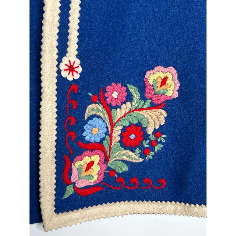 Vintage 70's Hungarian Folk Wool Vest Blue Embroidered Floral Trimmed medium